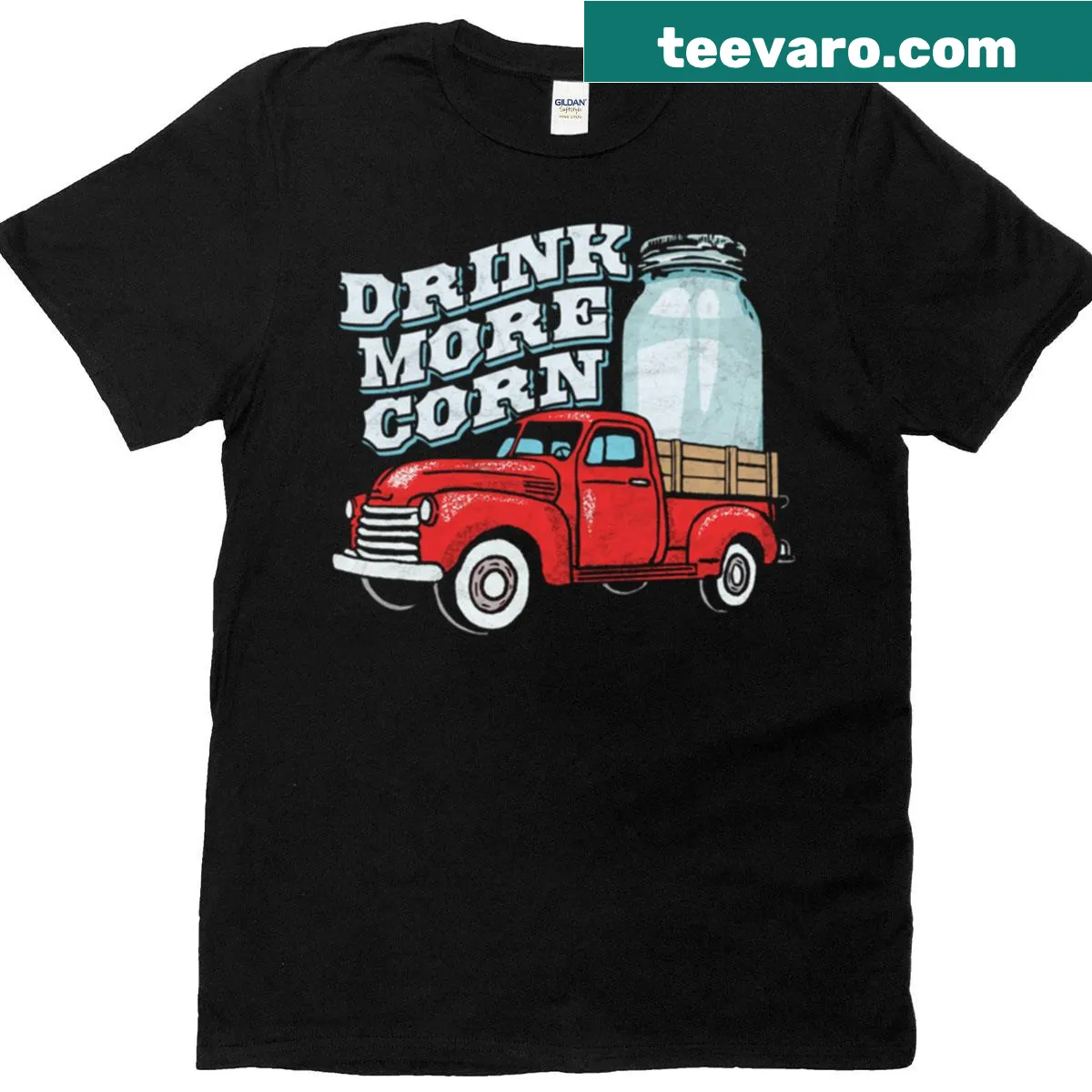 Vintage red truck with moonshine jars graphic on a T-shirt — on a men's t-shirt