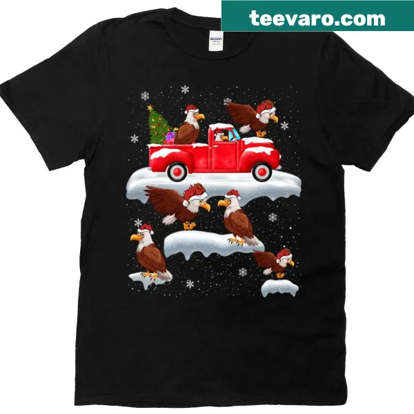 Eagles driving a red truck with a Christmas tree illustration