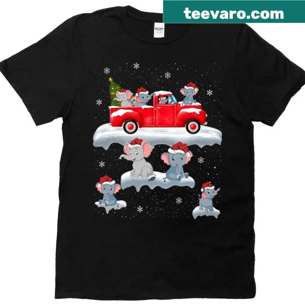 Illustration of elephant driving a red truck with a Christmas tree