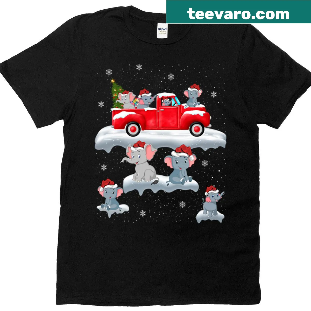 Illustration of elephant driving a red truck with a Christmas tree — on a men's t-shirt