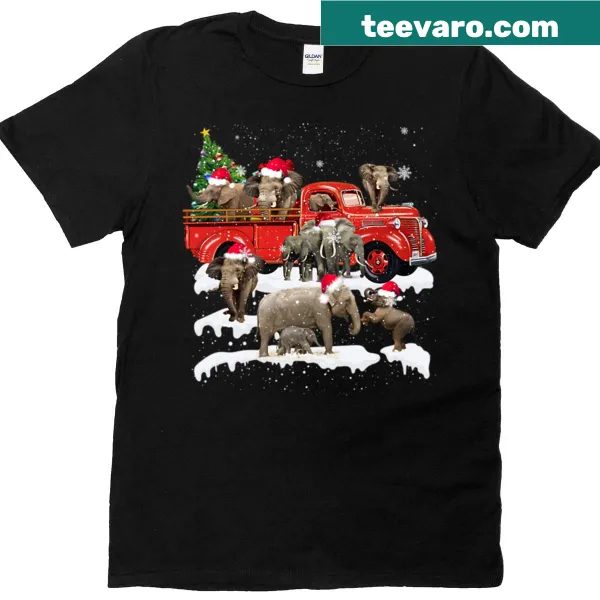 Cute elephant in red truck graphic for Christmas