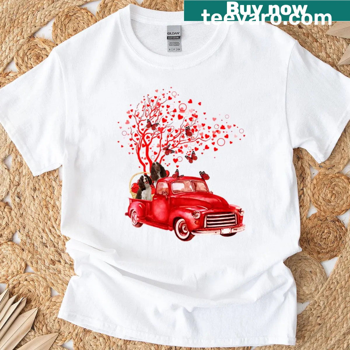 T-shirt featuring an English Springer Spaniel in a truck with butterflies — on a men's t-shirt