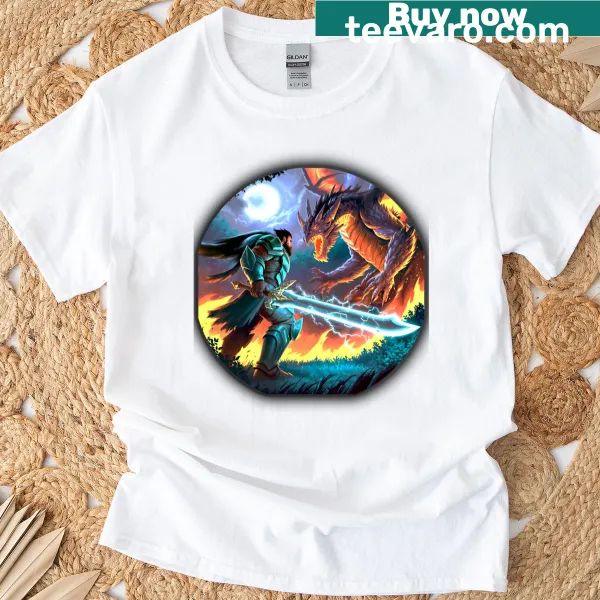 T-shirt featuring an illustration of a dramatic dragon fight.