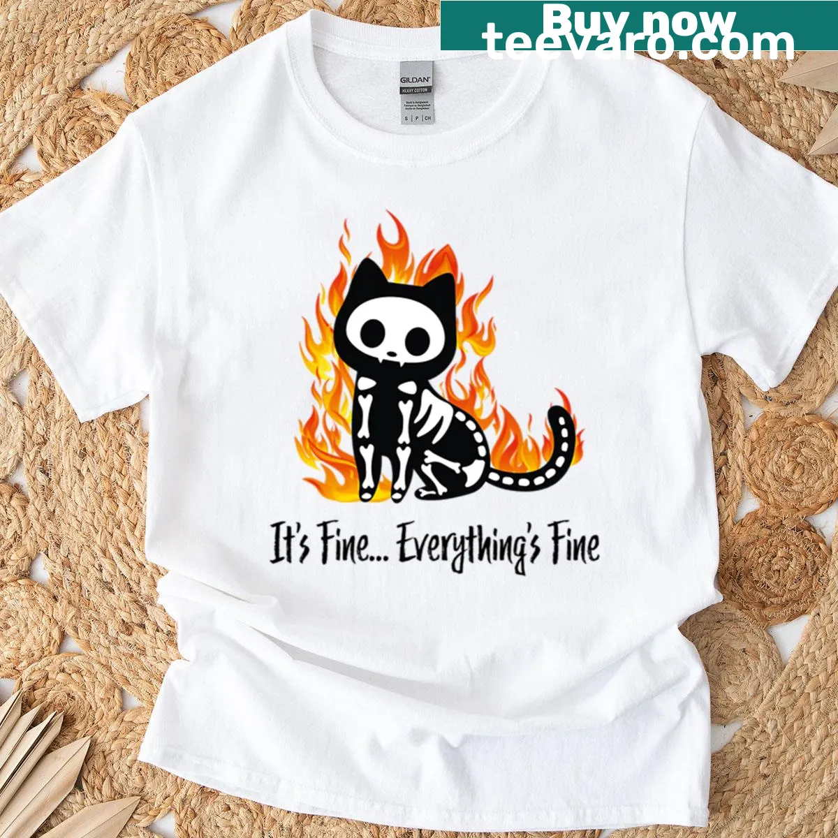 Skeleton cat graphic t-shirt with humorous design — on a men's t-shirt