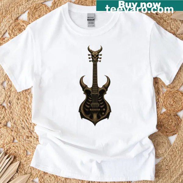 Evil skull and guitar graphic T-shirt for metal music fans