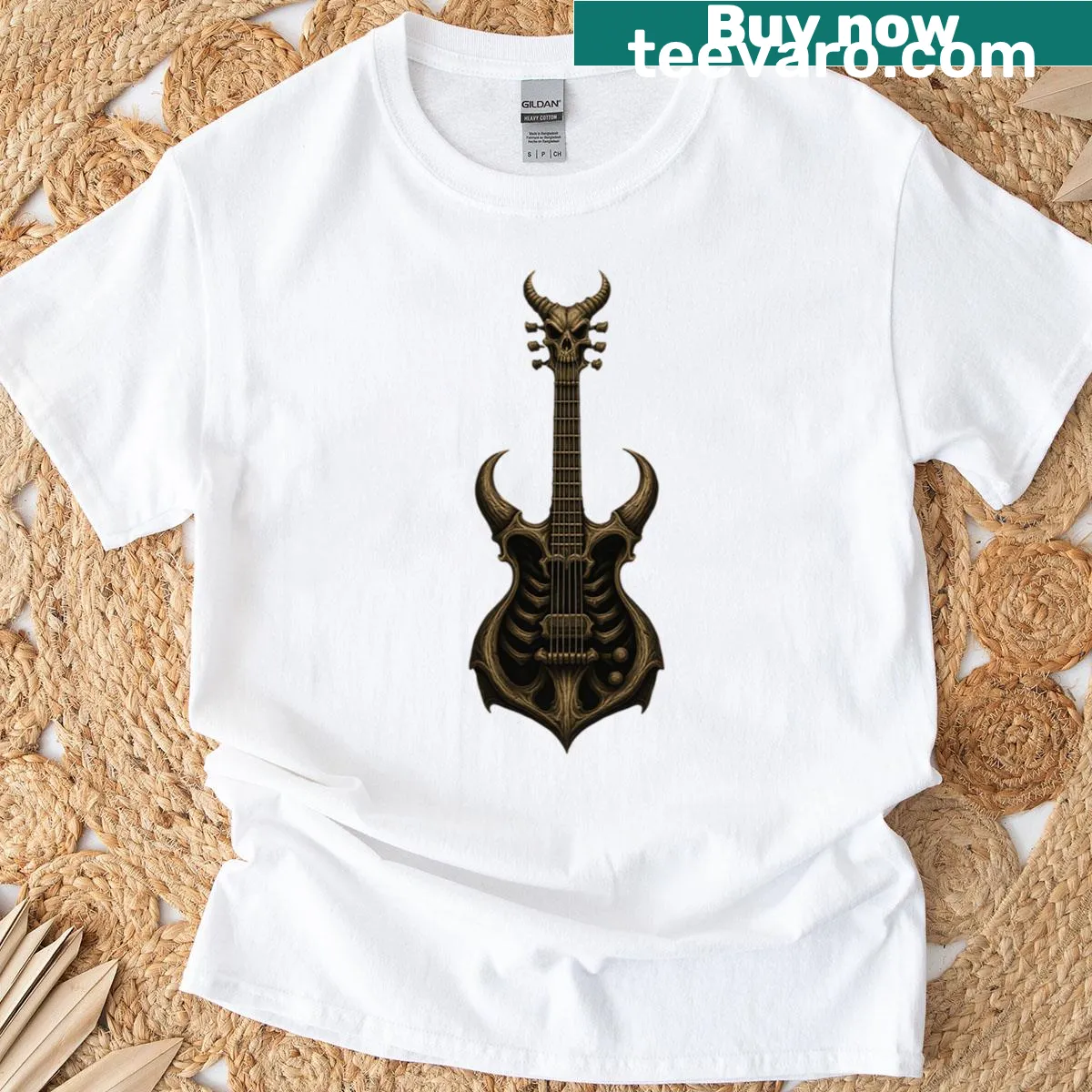 Evil skull and guitar graphic T-shirt for metal music fans — on a men's t-shirt