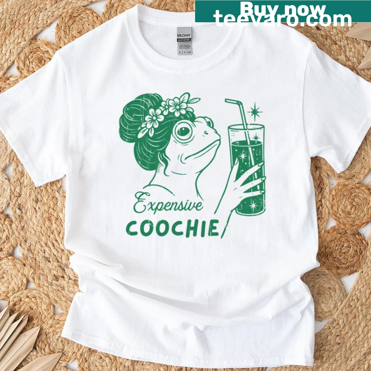 Playful t-shirt featuring the phrase 'Expensive Coochie' in bold typography — on a men's t-shirt