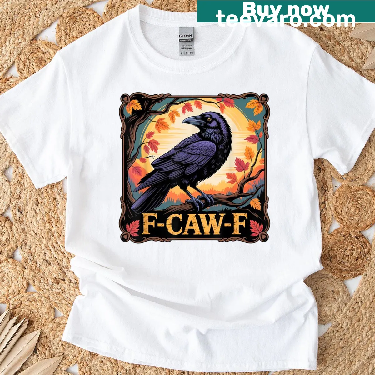 Spooky crow design with Halloween and fall leaves T-shirt — on a men's t-shirt