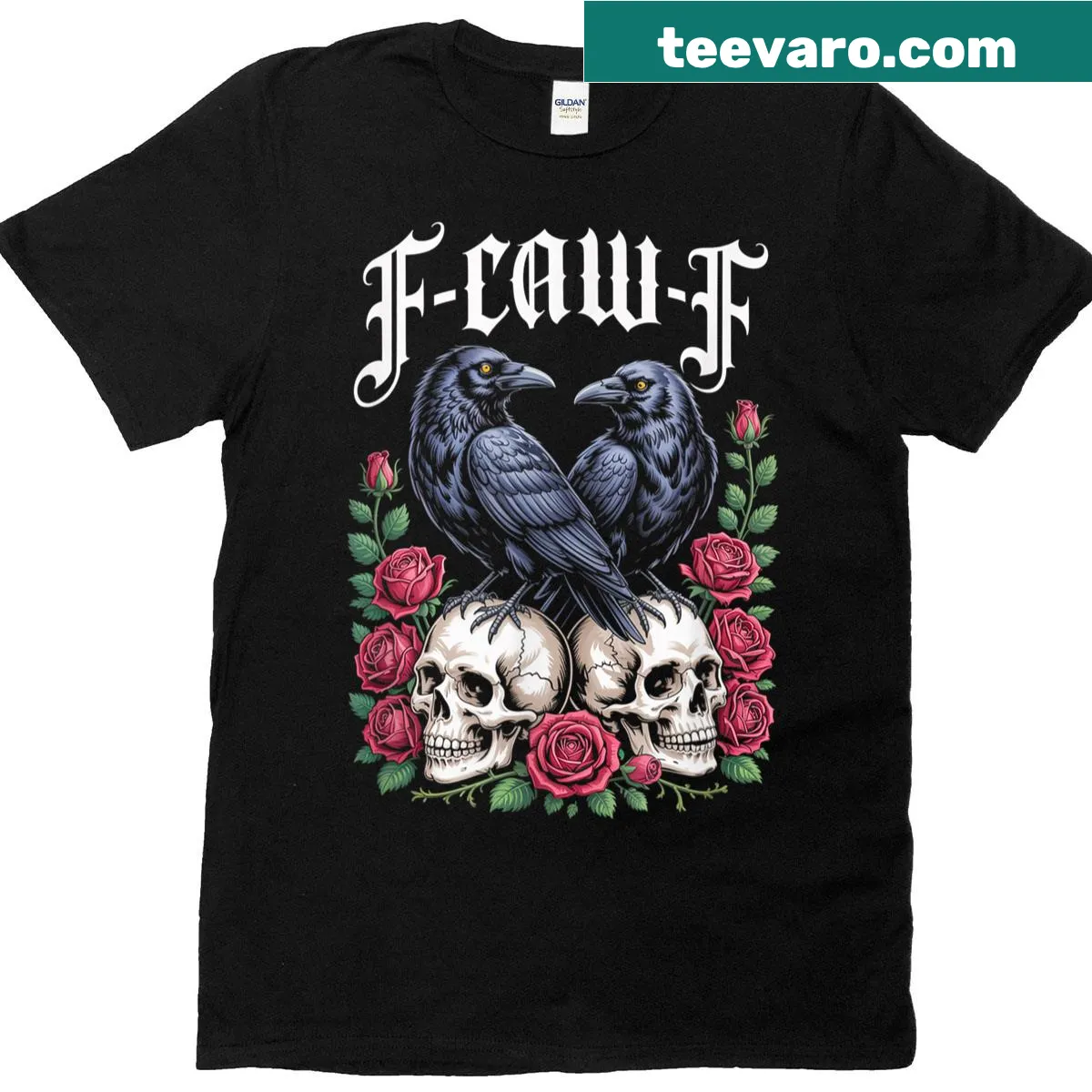 Vintage distressed t-shirt featuring gothic black bird, moon, skull, and rose design — on a men's t-shirt