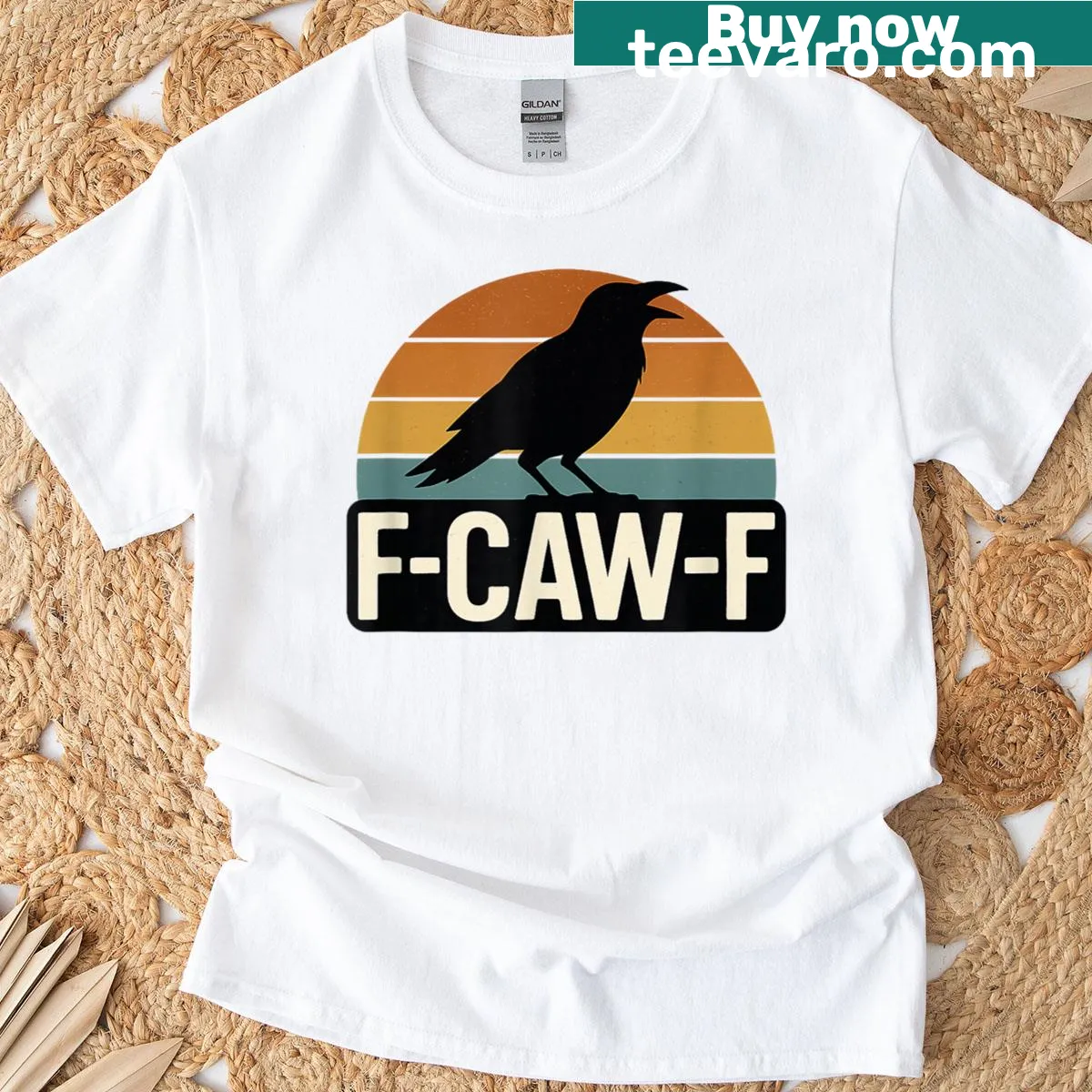 Vintage raven shirt with dark humor text F-caw-f — on a men's t-shirt
