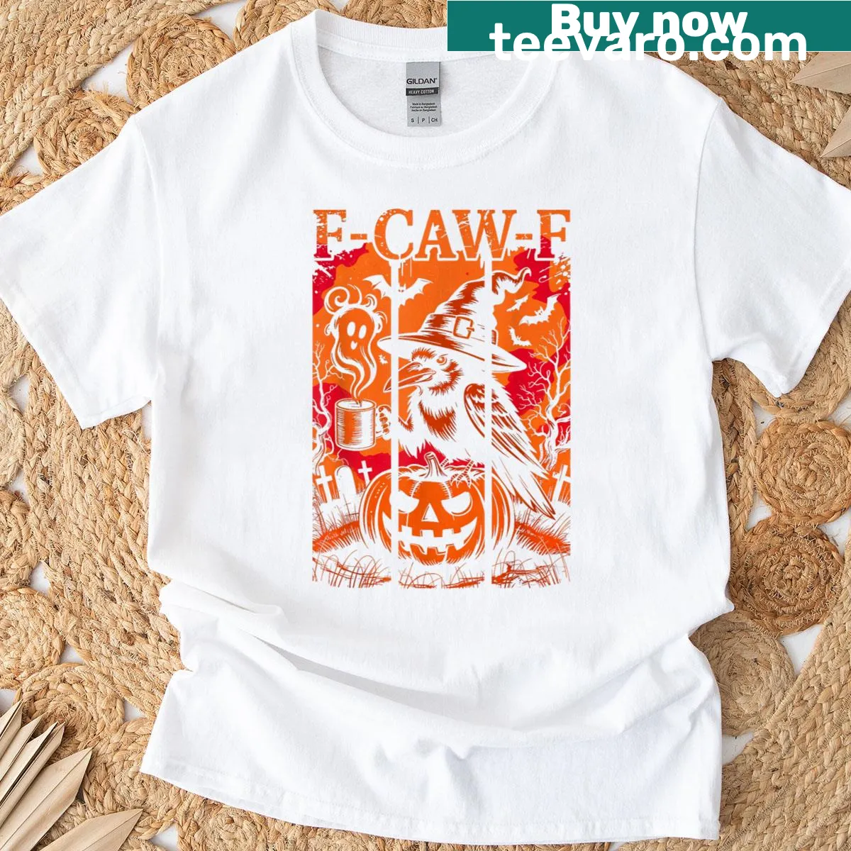 Retro funny raven Halloween design T-shirt — on a men's t-shirt