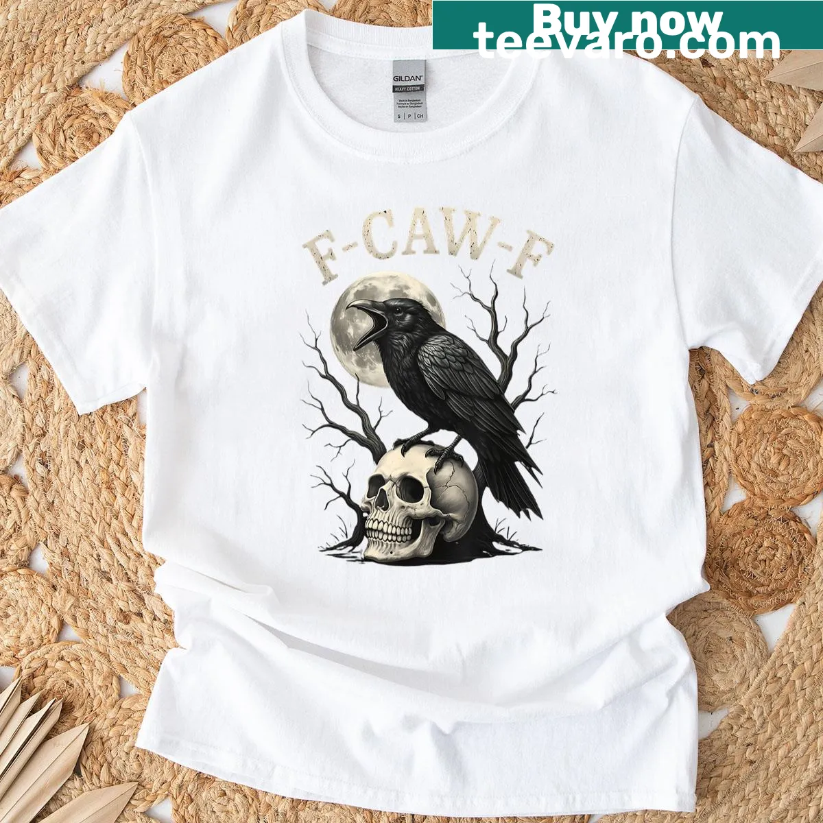 Gothic t-shirt with a raven skeleton head and a moon design — on a men's t-shirt