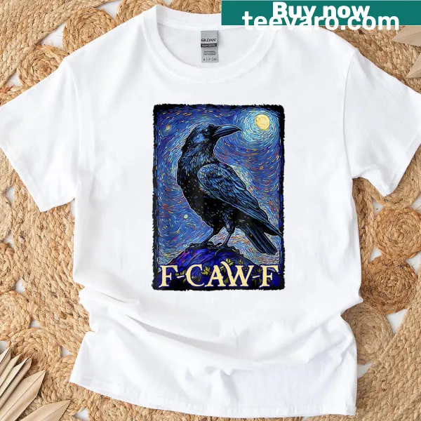 Funny Halloween T-shirt featuring a raven and playful cawing text
