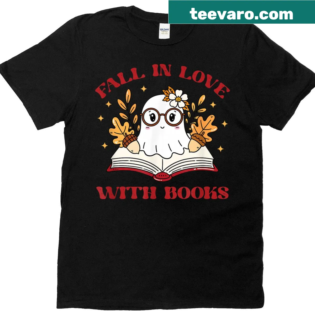 Illustrated t-shirt featuring a ghost surrounded by books for fall reading — on a men's t-shirt