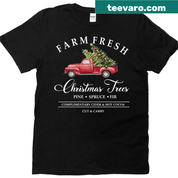 Illustrated t-shirt featuring a red truck with Christmas trees