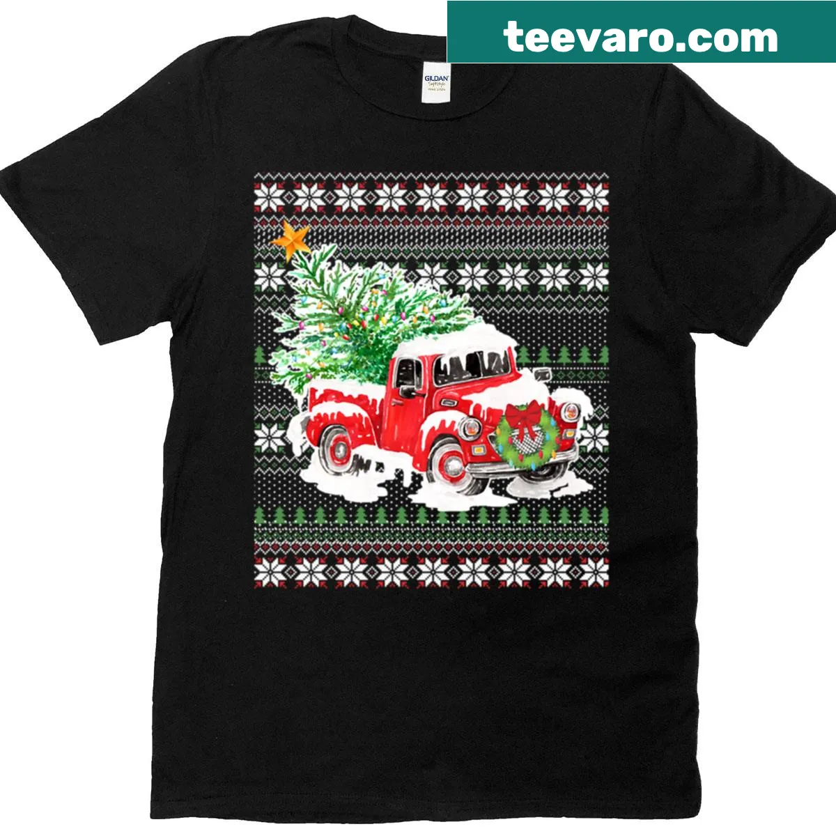 Illustration of a red Christmas truck with a holiday tree — on a men's t-shirt