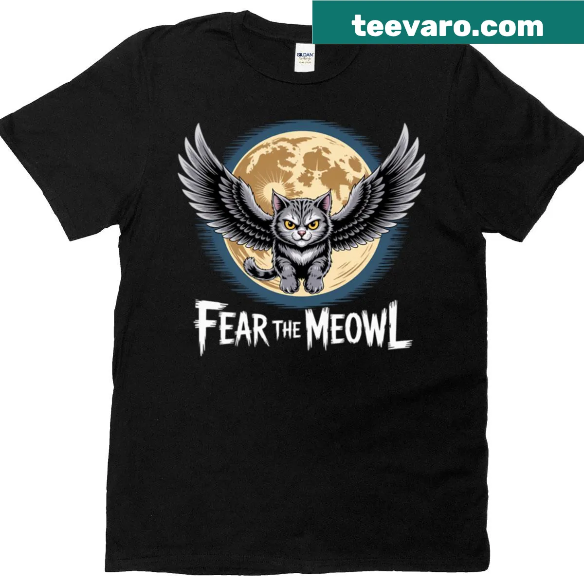 Illustration of a cat and owl graphic on T-shirt — on a men's t-shirt
