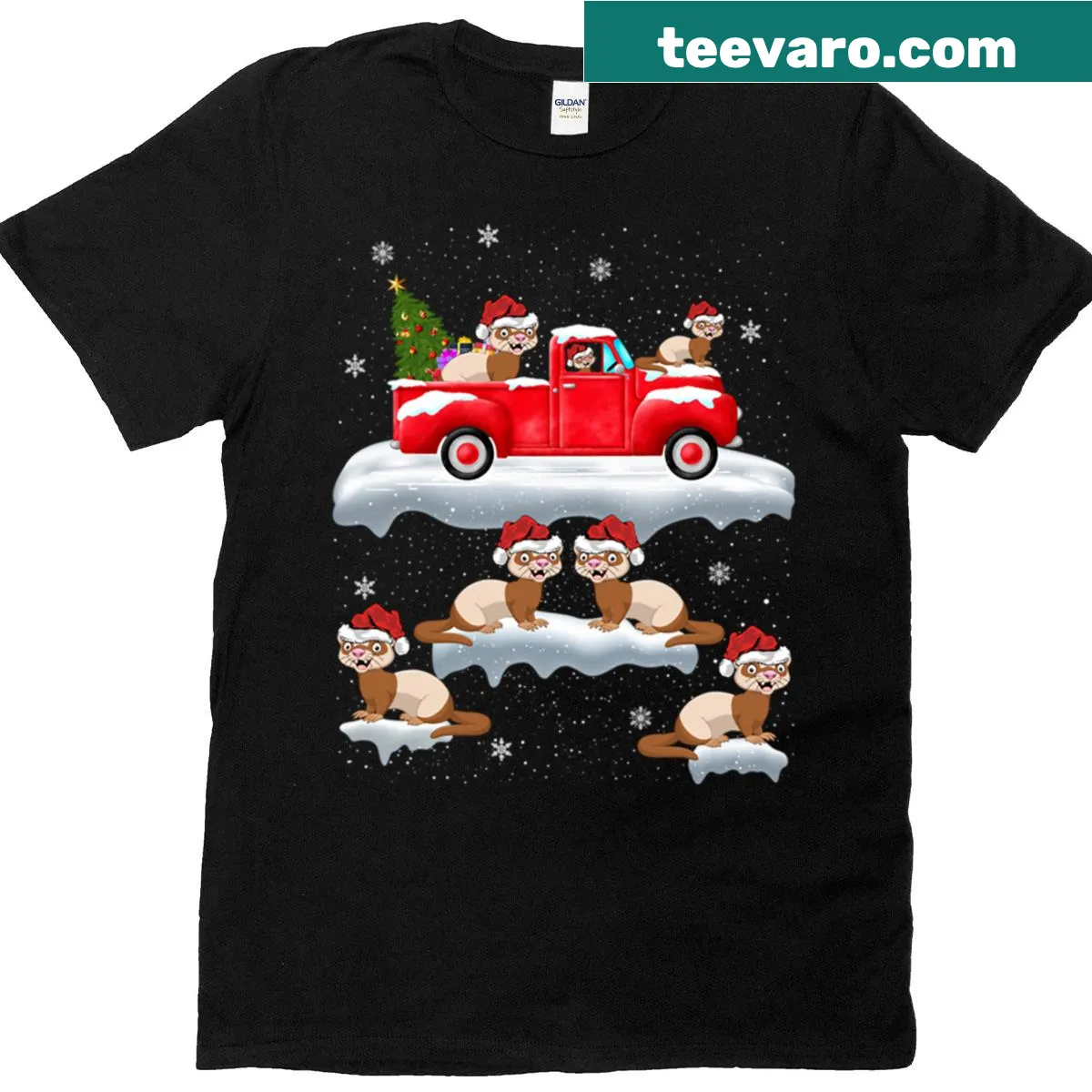 Adorable ferrets driving a red truck with a Christmas tree graphic. — on a men's t-shirt
