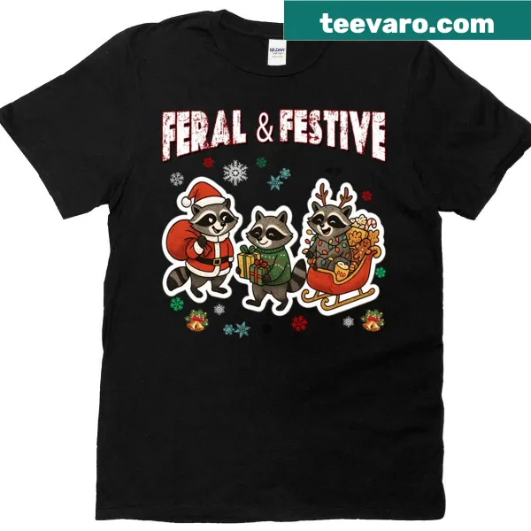 Funny Christmas t-shirt featuring a raccoon in holiday gear