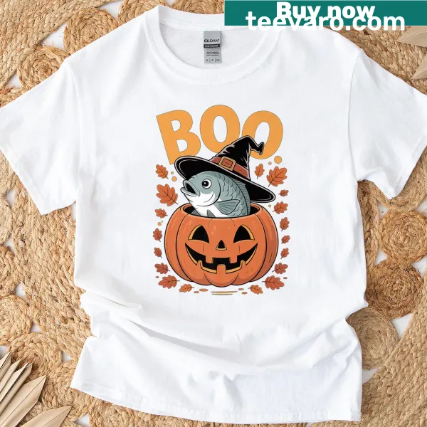Halloween T-shirt with fish costume on pumpkin design