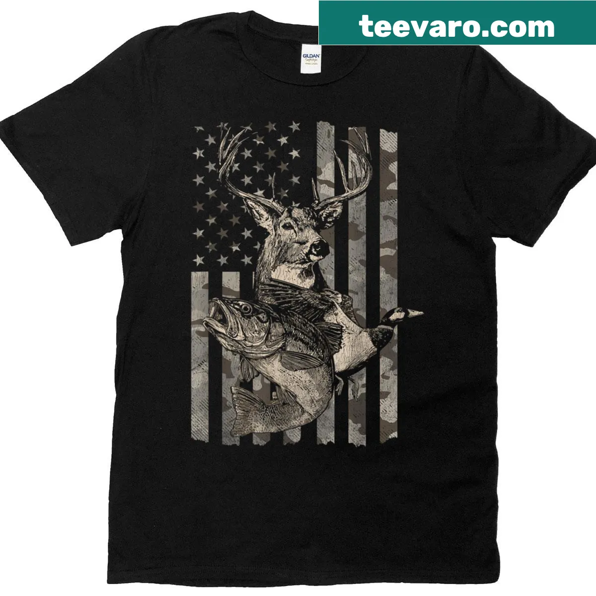 American flag with fishing and hunting symbols on distressed t-shirt — on a men's t-shirt