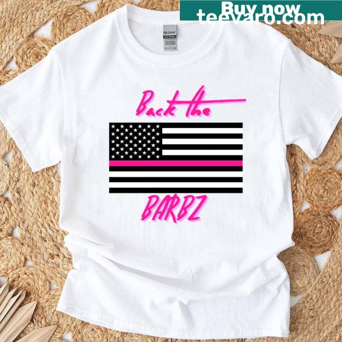 Pink Barbz t-shirt featuring a flag meme logo — on a men's t-shirt