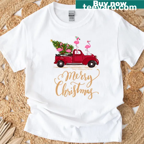 Red truck with a flamingo and Christmas tree design