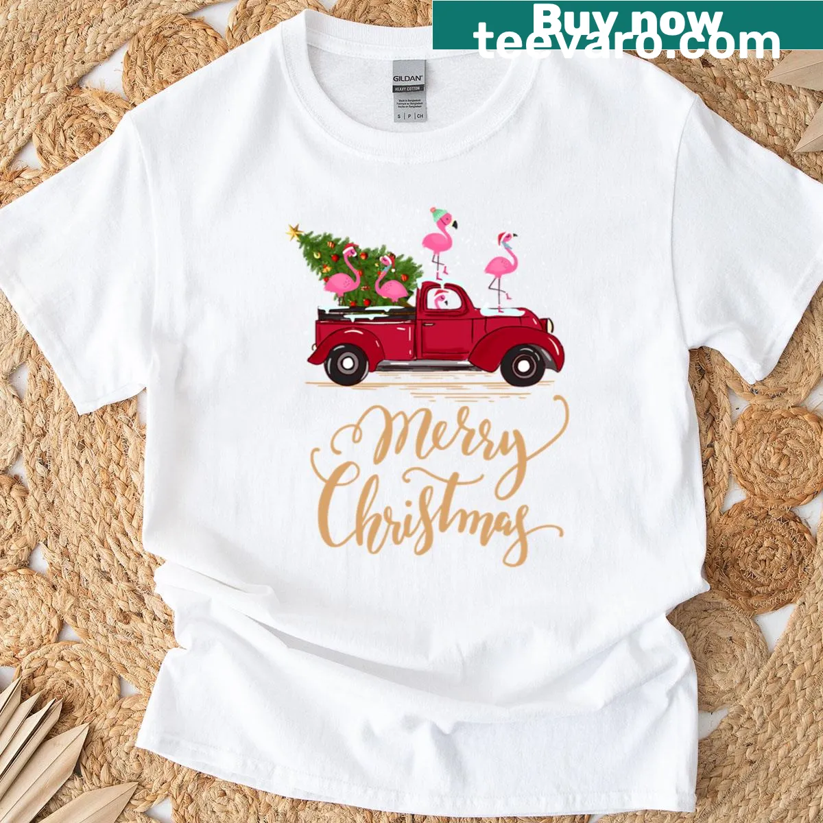 Red truck with a flamingo and Christmas tree design — on a men's t-shirt