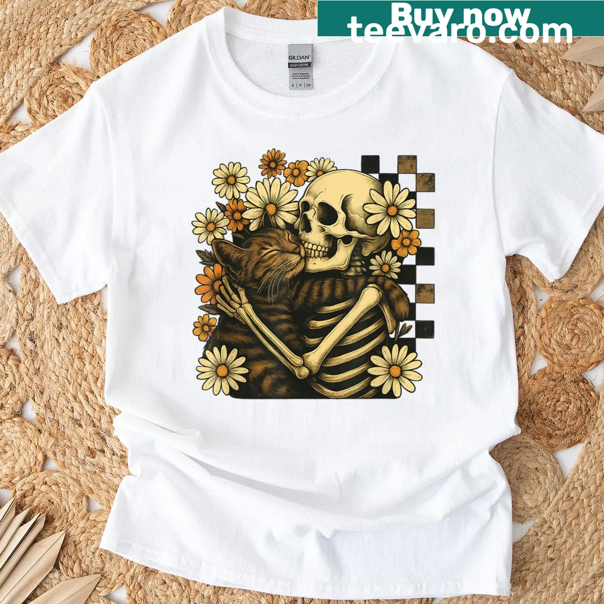 Floral Halloween t-shirt with cat illustrations for cat lovers — on a men's t-shirt