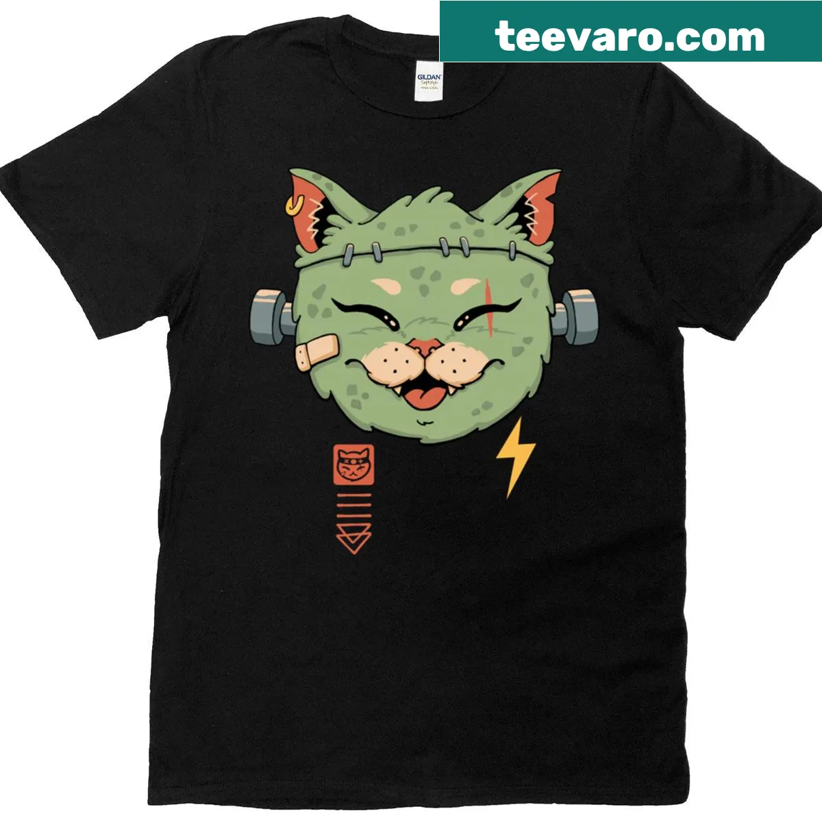 Funny cat as Frankenstein design for Halloween T-shirt — on a men's t-shirt