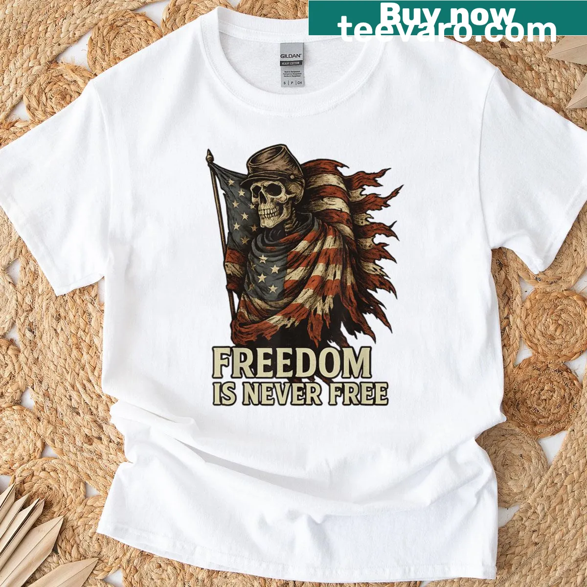 Patriotic skeleton illustration with flag for freedom — on a men's t-shirt