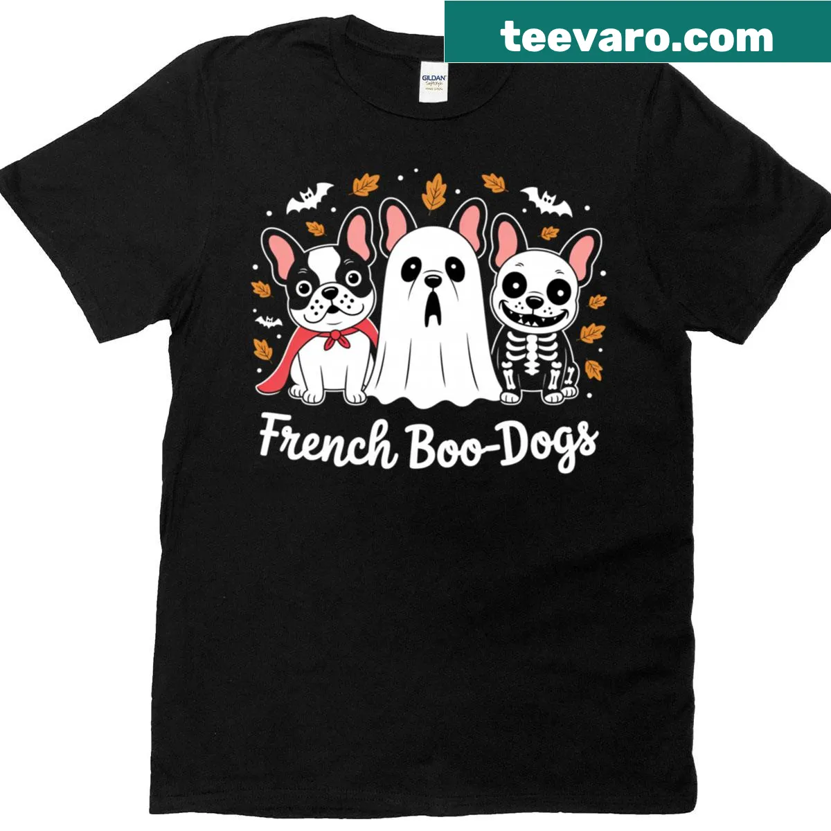Funny French Bulldog Halloween t-shirt with ghosts and cartoon dogs — on a men's t-shirt