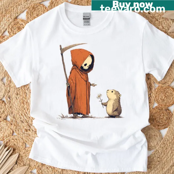 Friendly Grim Reaper design featuring a flower, dark and cute style