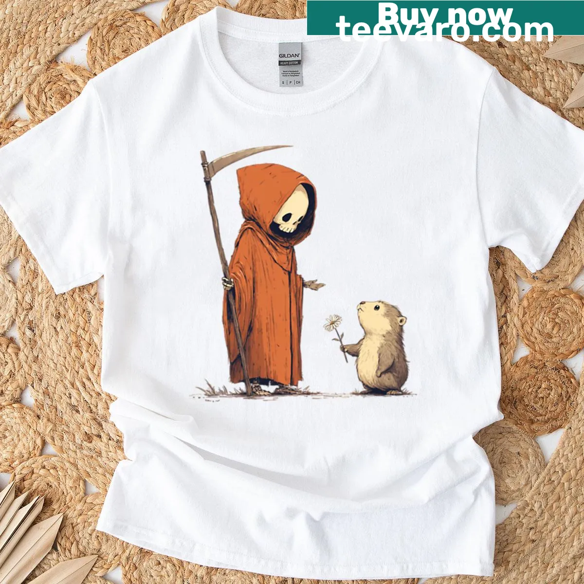 Friendly Grim Reaper design featuring a flower, dark and cute style — on a men's t-shirt