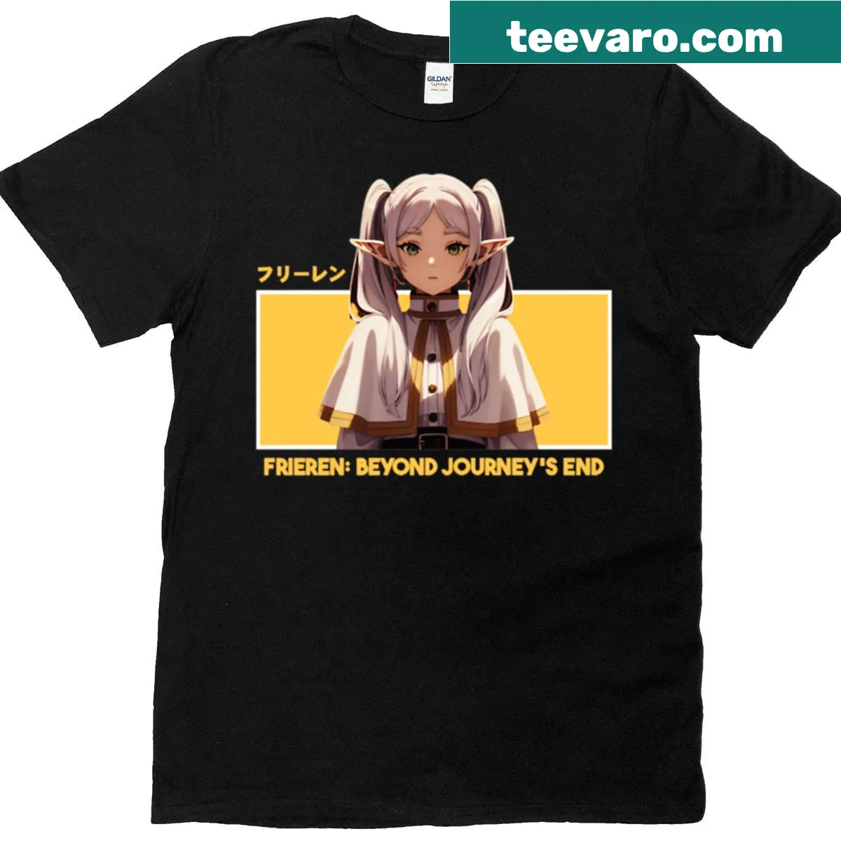 Minimalist elf character graphic in a yellow frame on a t-shirt — on a men's t-shirt