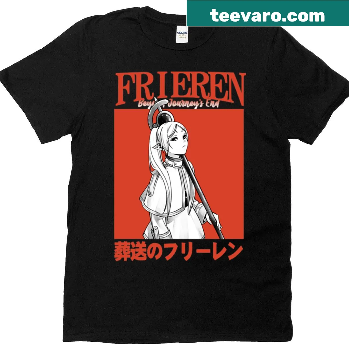 Monochrome typography design inspired by Frieren anime — on a men's t-shirt
