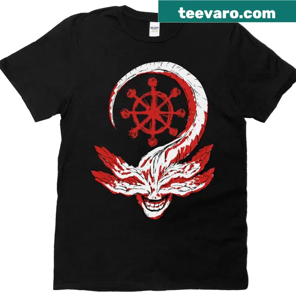 T-shirt featuring red demon face and cursed magic symbol design