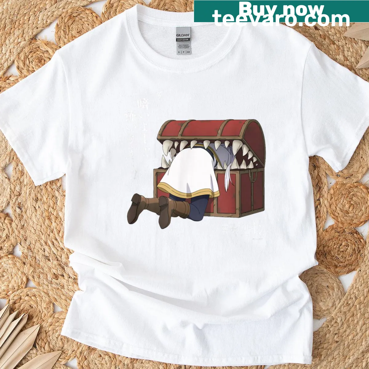 Anime inspired Frieren graphic t-shirt with mimic — on a men's t-shirt