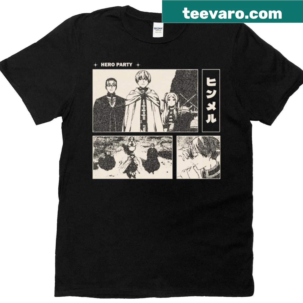 Retro T-shirt featuring Frieren and her party in a manga panel design — on a men's t-shirt