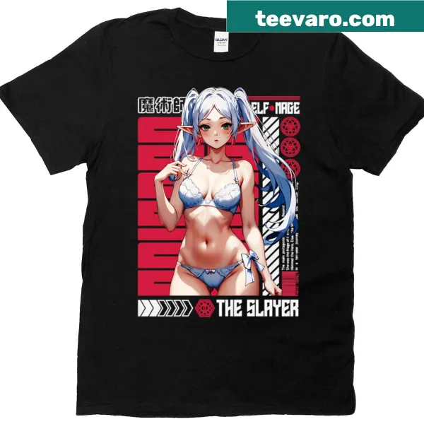 Oversized T-shirt featuring Frieren Mage in a blue bikini and cyber aesthetic