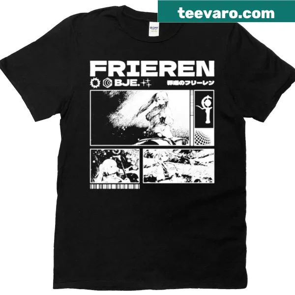 Black and white retro manga panels from the Frieren series on a t-shirt.
