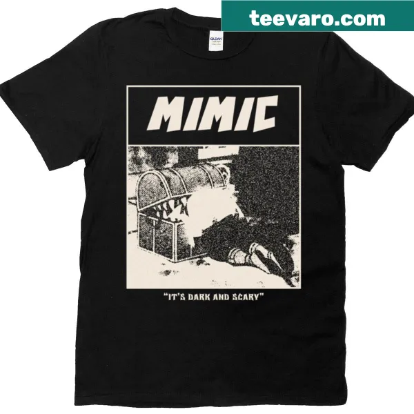 Monochrome T-shirt featuring a horror comic panel of a mimic chest trap