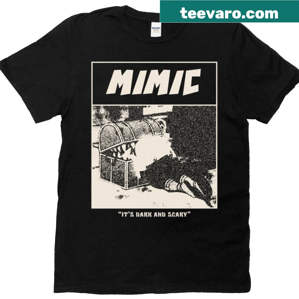 Monochrome T-shirt featuring a horror comic panel of a mimic chest trap — on a men's t-shirt