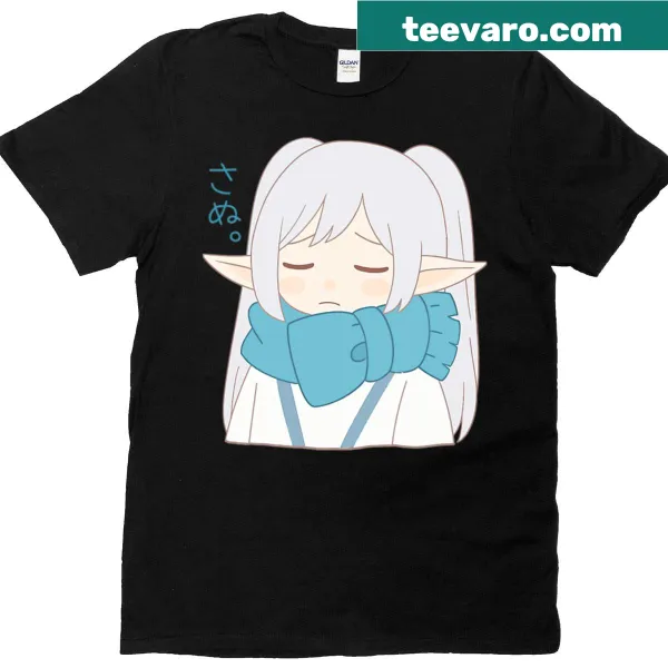 Minimalist t-shirt featuring a sad elf girl with a blue scarf