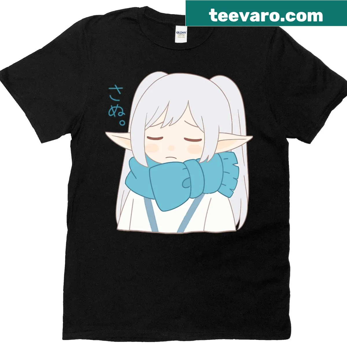 Minimalist t-shirt featuring a sad elf girl with a blue scarf — on a men's t-shirt