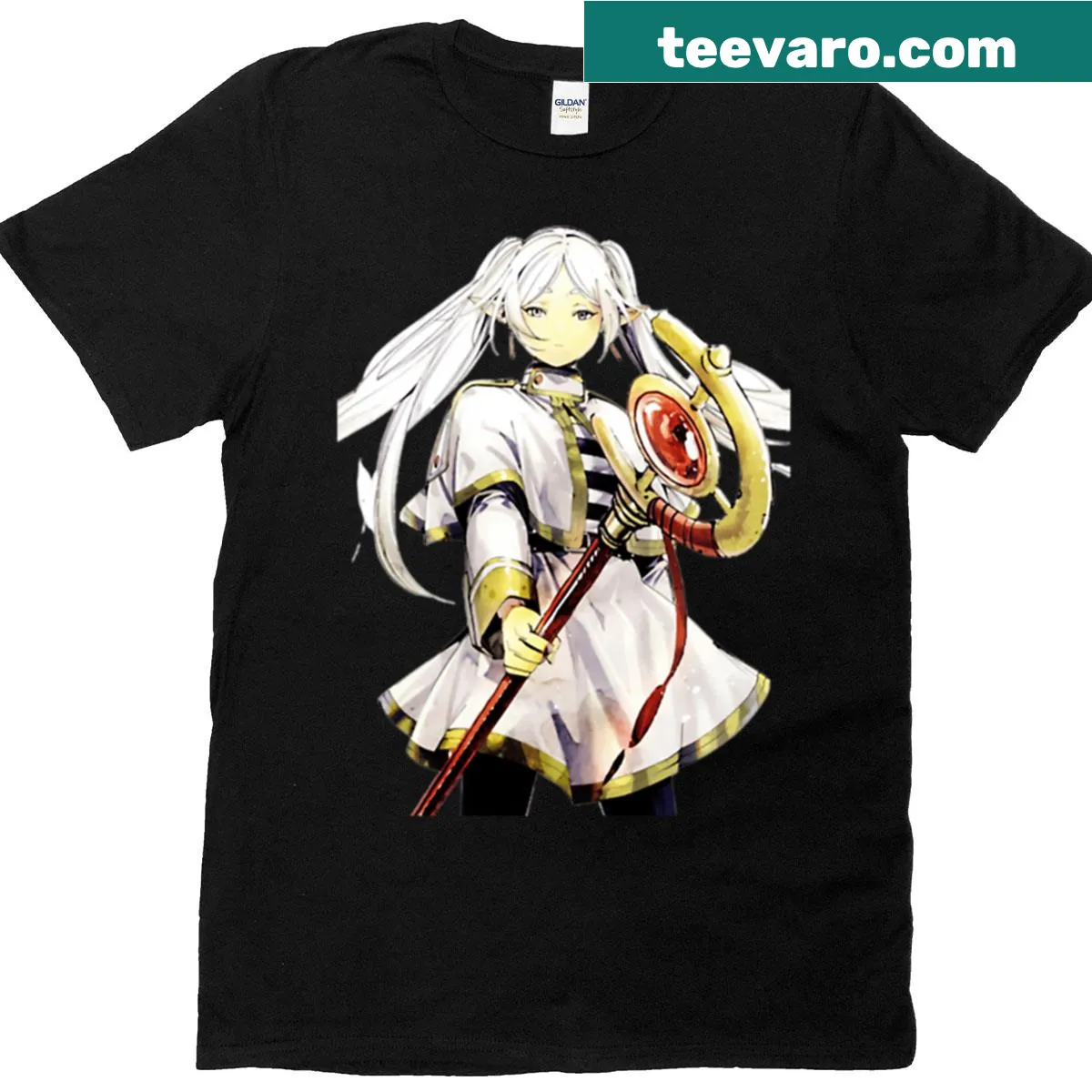 Illustration of a white mage character with a staff on a fantasy T-shirt — on a men's t-shirt