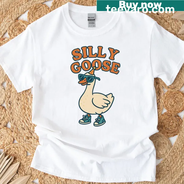 Cartoon goose wearing sneakers, a party hat, and sunglasses