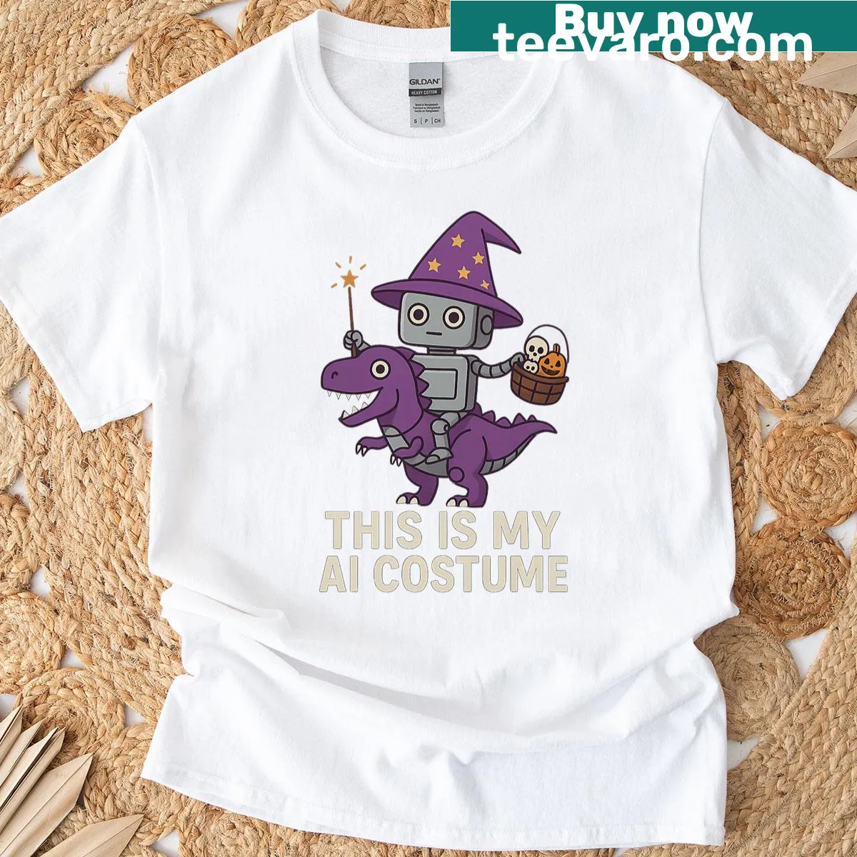 AI robot wizard and dinosaur rex Halloween graphic on a t-shirt — on a men's t-shirt