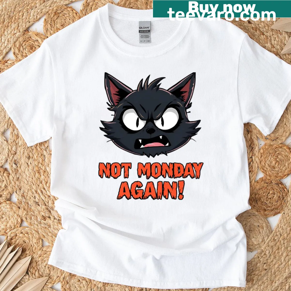 Cute T-shirt with a grumpy cartoon cat and 'Not Monday Again' text — on a men's t-shirt