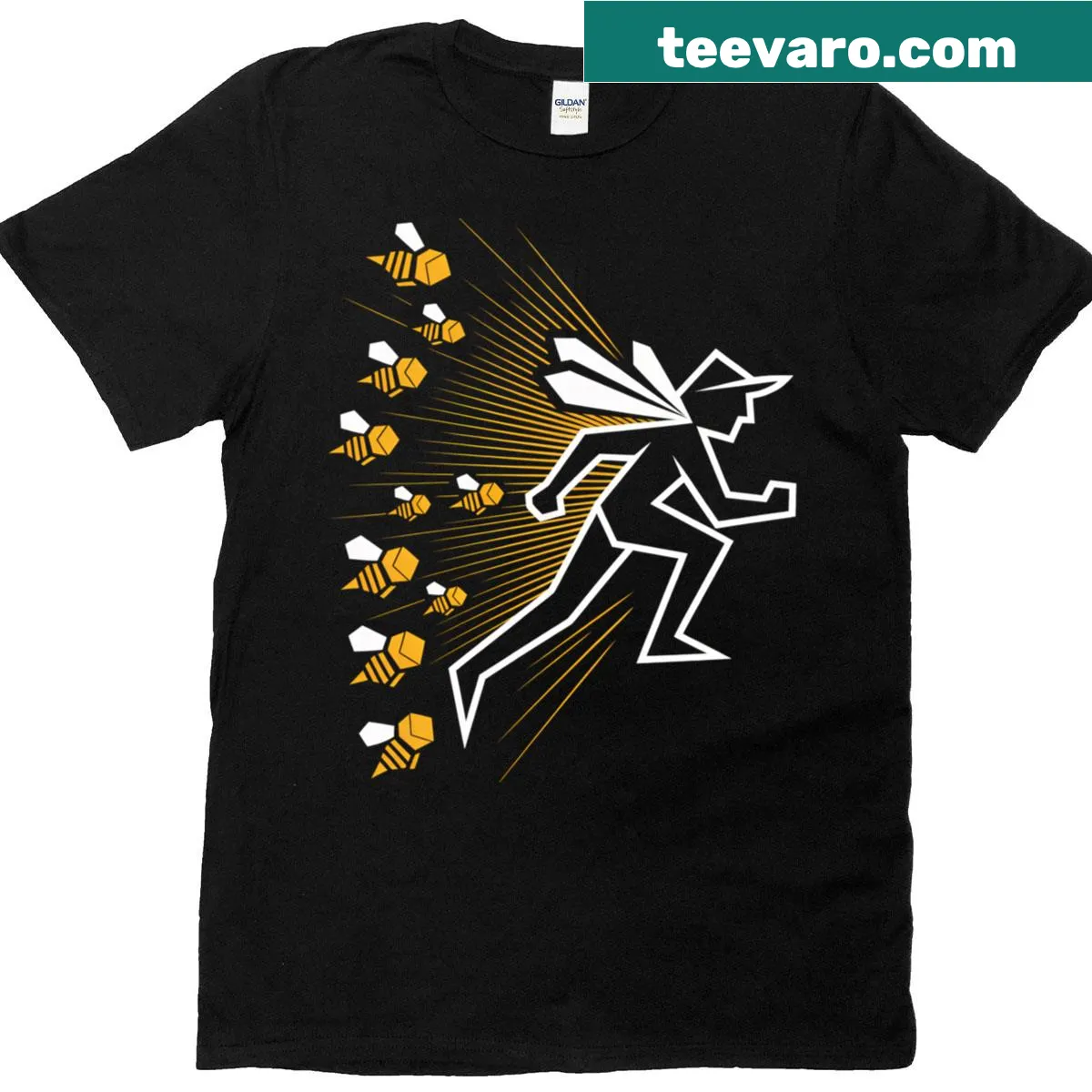 Cartoon beekeeper chased by bees graphic on a funny t-shirt — on a men's t-shirt